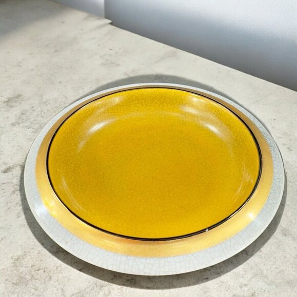 MCM Fitz And Floyd Crackle Finish Ashtray Yellow Center Trinket Dish Plate VTG - Picture 3 of 15